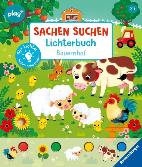 „Sachen Suchen Lichterbuch Bauernhof“. Illustrationen: Tiere, Bäume, Blumen, Traktor; verspielte Farben und Formen.
