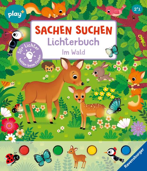"Sachen Suchen Lichterbuch Im Wald". Tierillustration mit Reh, Hase, Igel und Schmetterlingen in grünem Wald.
