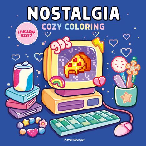 Text: "NOSTALGIA COZY COLORING", "Hikaru Kotz", "90s". Illustration eines Retro-Computers mit Pixel-Pizza, Getränkedose und bunten Accessoires.