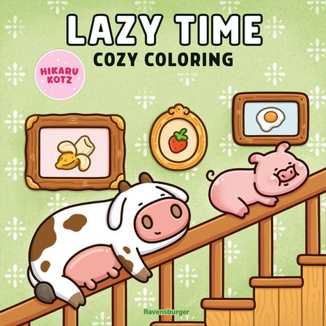 "LAZY TIME COZY COLORING" zeigt eine Illustration mit einer Kuh und einem Schwein auf einer Treppe, Bilderrahmen an der Wand.