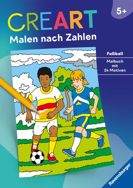 Text: "CREART", "Malen nach Zahlen", "Fußball", "Malbuch mit 24 Motiven". Zwei spielende Kinder, eines mit Fußball.