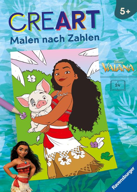"CREART Malen nach Zahlen" für Kinder ab 5; Illustration eines Mädchens mit Ferkel, fröhliche Farben, Vaiana-Thema.