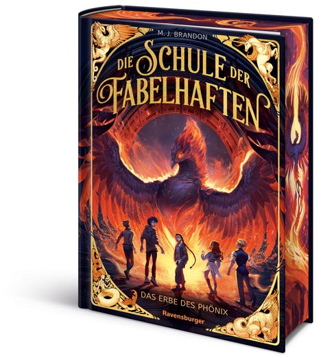 "Die Schule der Fabelhaften", "Das Erbe des Phönix", Ravensburger Logo. Illustration: Phönix in Flammen mit fünf Personen davor.
