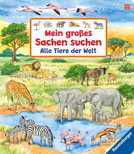 "Mein großes Sachen suchen - Alle Tiere der Welt" zeigt Tiere wie Elefanten, Löwen und Zebras in einer Savannenlandschaft.