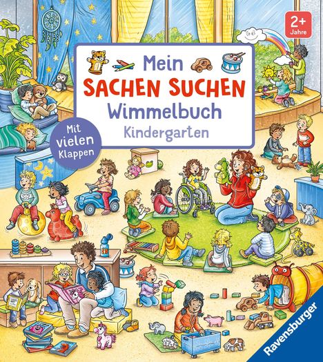 "Mein SACHEN SUCHEN Wimmelbuch Kindergarten." Bunte Szene mit spielenden Kindern, Fliegenklatsche und Tieren in einem Raum.