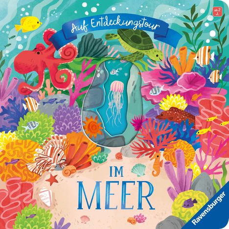 "Auf Entdeckungstour im Meer" steht über einer bunten Unterwasserwelt mit Fischen, Korallen und einer Schildkröte.