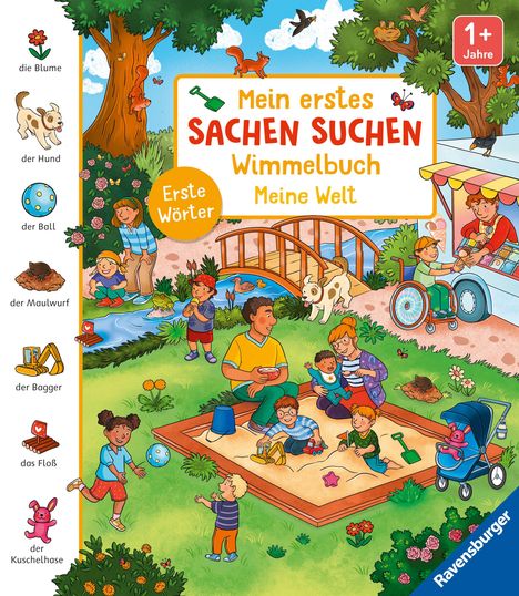 Dies ist eine bunte Illustration mit Kindern, die im Park spielen. Texte: "Mein erstes SACHEN SUCHEN", "Wimmelbuch", "Erste Wörter".