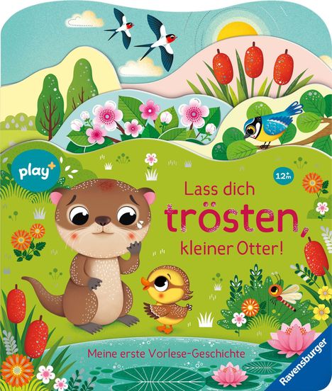 „Lass dich trösten, kleiner Otter!“ Ein Otter mit Ente, Blumen und Vögeln in einer bunten, fröhlichen Illustration.