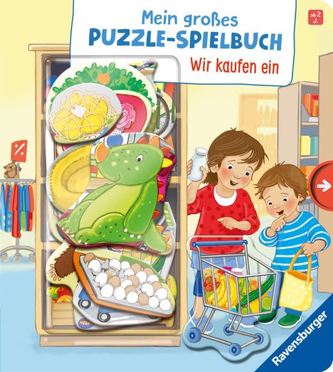 "Mein großes PUZZLE-SPIELBUCH. Wir kaufen ein." Zwei Kinder beim Einkaufen mit einem Einkaufswagen voller Lebensmittel.