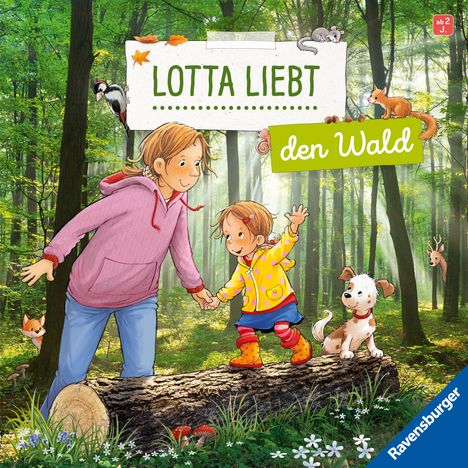 "Lotta liebt den Wald" steht auf einem Schild. Eine Illustration zeigt zwei Kinder, die Hand in Hand über einen Baumstamm gehen.
