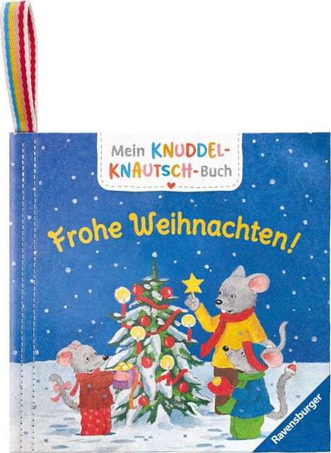 "Frohe Weihnachten! Mein Knuddel-Knautsch-Buch" Illustration: Mäuse dekorieren Tannenbaum im Schnee.