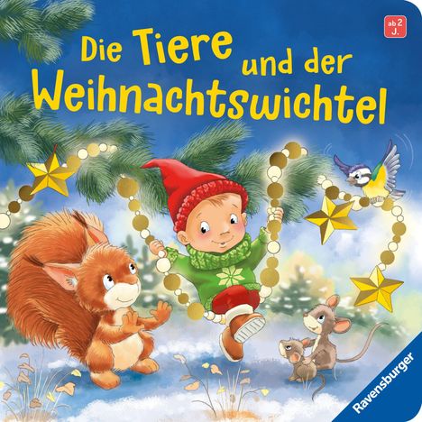 "Die Tiere und der Weihnachtswichtel" steht in gelber Schrift auf blauem Hintergrund. Ein Wichtel spielt mit Tieren.