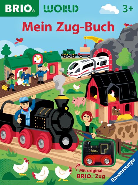 "Mein Zug-Buch" oben, "Mit original BRIO-Zug" unten. Bunte Szene mit Zügen, Bauernhof, Tieren und Menschen in fröhlicher Illustration.