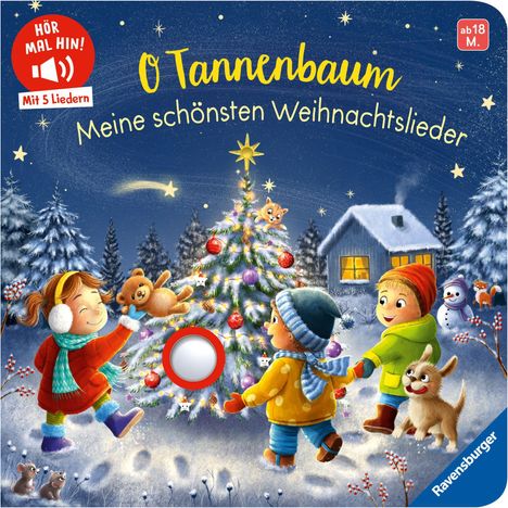 "O Tannenbaum, Meine schönsten Weihnachtslieder." Drei Kinder im Schnee um einen Weihnachtsbaum, ein Hund, ein Schneemann.
