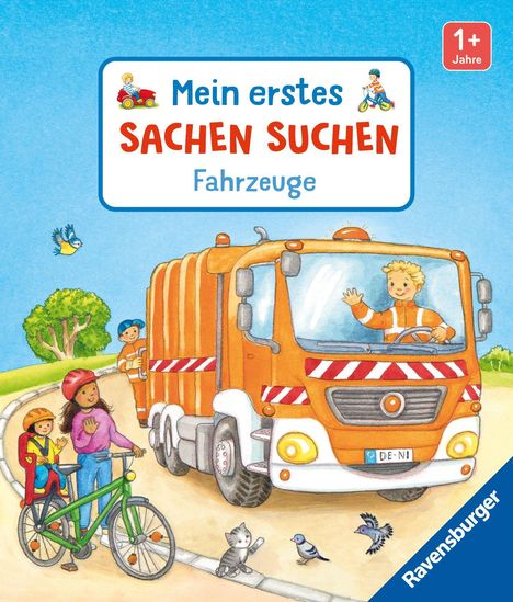 "Mein erstes SACHEN SUCHEN Fahrzeuge". Illustration: Müllwagen mit Fahrer, Familie auf Rad, Bäume, Katze und Vögel.