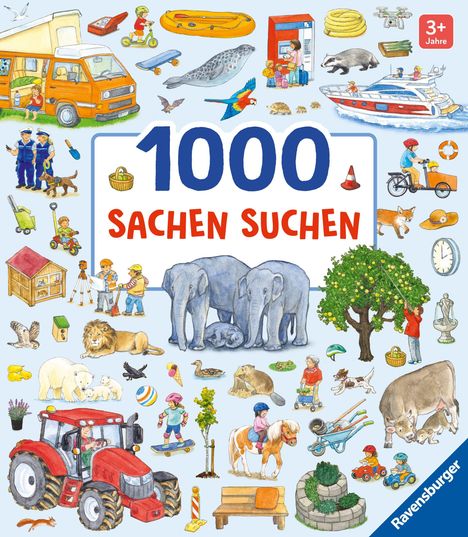 Text: "1000 Sachen suchen". Illustration mit bunten Tieren, Fahrzeugen und Personen. Oben rechts "3+ Jahre".