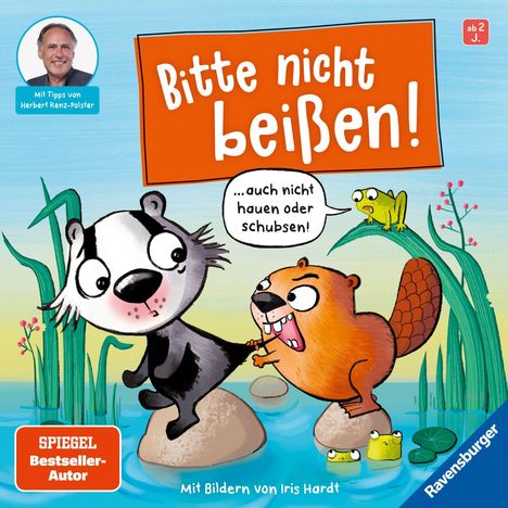 "Bitte nicht beißen! ...auch nicht hauen oder schubsen!"
Illustration: Ein Dachs und ein Biber stehen auf Steinen im Wasser.