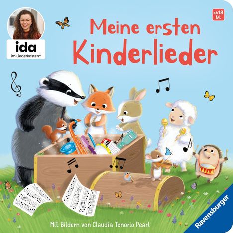 „Meine ersten Kinderlieder“ und „Ravensburger“ in farbenfroher Illustration mit Tieren, die musizieren.