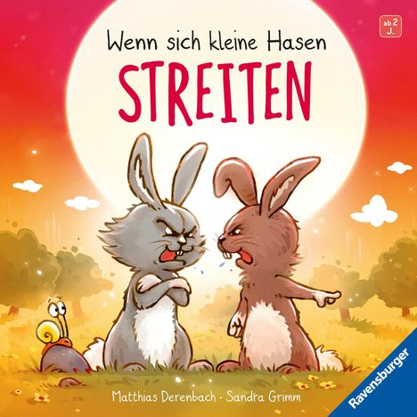 „Wenn sich kleine Hasen streiten“. Zwei Hasen streiten, ein grauer und ein brauner, mit einer Schnecke daneben.
