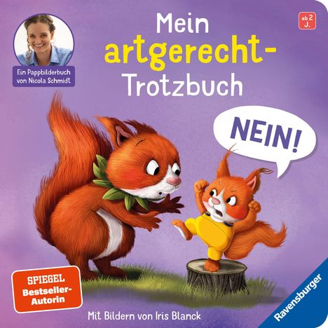 Titel: Mein artgerecht-Trotzbuch. Ein großes Eichhörnchen schaut ein bockiges, "NEIN!" schreiendes, kleines Eichhörnchen an.