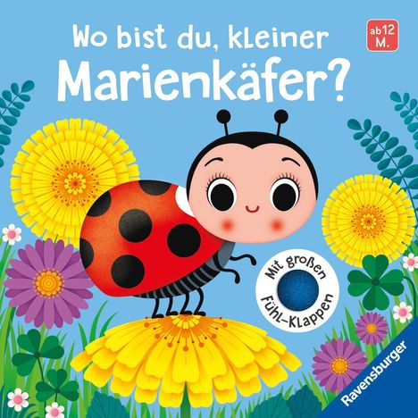 "Wo bist du, kleiner Marienkäfer?" Ein fröhlicher Marienkäfer auf einer gelben Blume, umgeben von bunten Blumen.