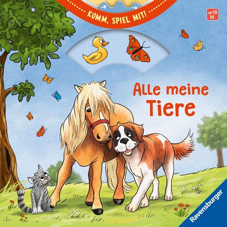 „Komm, spiel mit!“, „Alle meine Tiere“, Buch von Ravensburger. Pferd, Hund, Katze, Schmetterlinge auf grünem Feld.