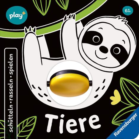 "Tiere", "schütteln • rasseln • spielen", "6m+", Logo. Entzückendes Faultier an Ast, grünes Blattmuster, gelber Knopf.