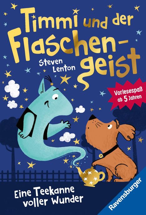Titel: "Timmi und der Flaschengeist". Ein blauer Geist und ein Hund, Sternenhimmel, Teekanne, verspielter Stil.