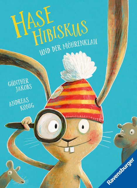 „Hase Hibiskus und der Möhrenklau“ steht in großen Buchstaben. Ein Hase mit Lupe und Mütze schaut freundlich.