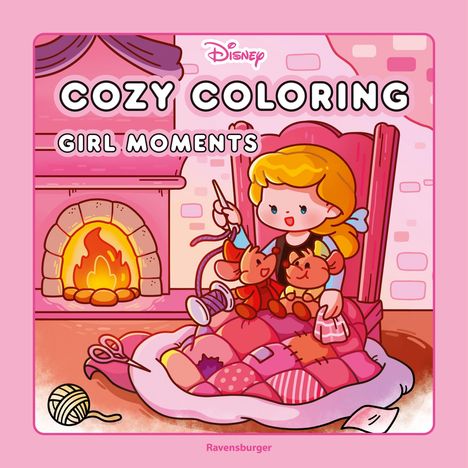 "Cozy Coloring Girl Moments" steht im Zentrum. Illustration: Person sitzt mit Mäusen und Decke vor einem Kamin.