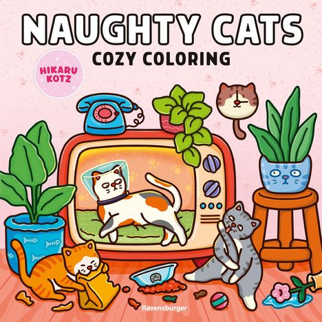 "Naughty Cats Cozy Coloring" und "Hikaru Kotz" sind oben zu lesen. Drei Katzen spielen, zwei Pflanzen und ein Retro-TV im Raum.