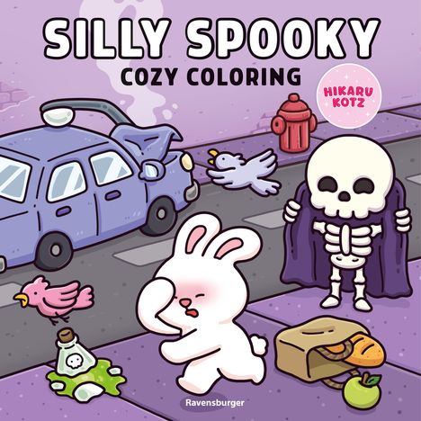 "SILLY SPOOKY COZY COLORING, HIKARU KOTZ." Eine Illustration mit Kaninchen, Skelett und lila Auto auf der Straße.