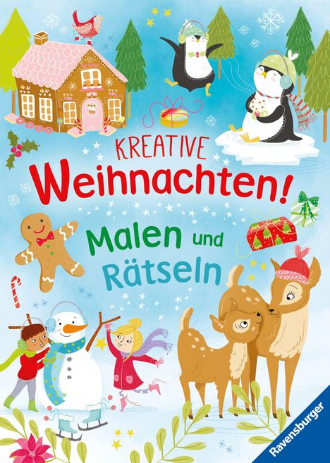 „KREATIVE Weihnachten! Malen und Rätseln“ mit Wintermotiven wie Schneemann, Pinguinen, Rehen und Lebkuchenmann.