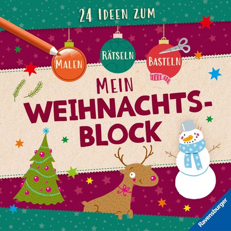 "24 Ideen zum Malen Rätseln Basteln" steht oben. Darunter ein Weihnachtsbaum, Rentier und Schneemann auf buntem Hintergrund.
