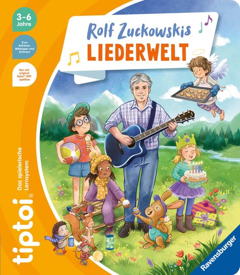 "Rolf Zuckowskis Liederwelt" oben, "tiptoi® Das spielerische Lernsystem" links. Illustration: Mann mit Gitarre und Kinder in bunter Natur.