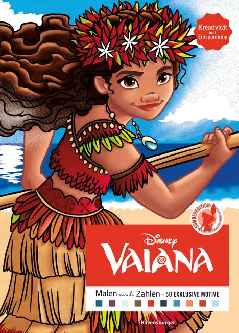 "Kreativität und Entspannung", "Disney Vaiana", "Malen nach Zahlen - 50 exklusive Motive". Illustration von Vaiana.