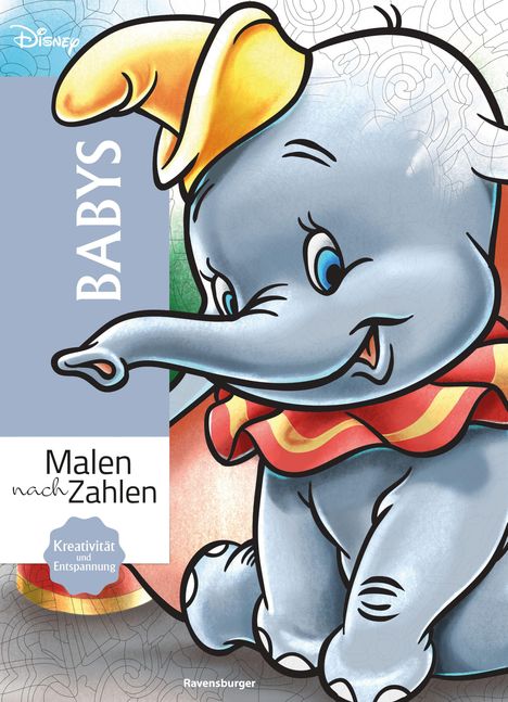 Text: "BABYS, Malen nach Zahlen, Kreativität und Entspannung, Ravensburger." Illustration: Ein fröhlicher, grauer Elefant mit gelbem Hut.