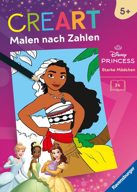 "CREART Malen nach Zahlen", "Disney Princess", "Starke Mädchen", eine Illustration von Prinzessinnen in bunten Kleidern.