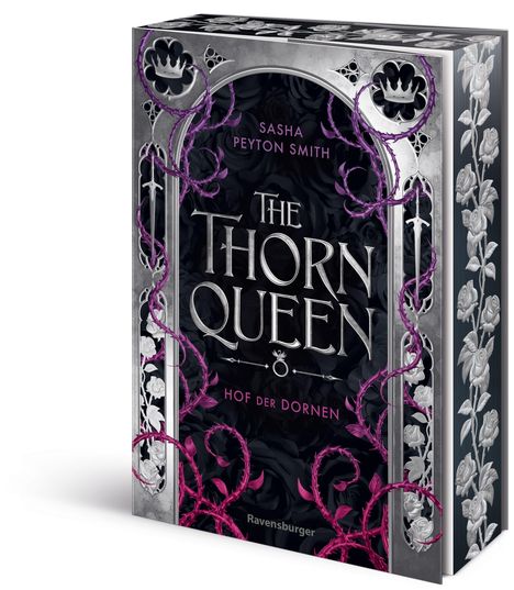 Buchtitel: "THE THORN QUEEN - HOF DER DORNEN". Autor: Sasha Peyton Smith. Dunkler Hintergrund mit violetten Dornen.