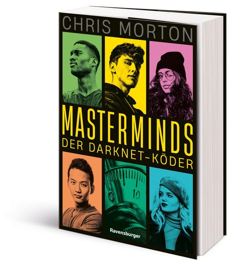 Buchtitel: "Masterminds Der Darknet-Köder" von Chris Morton. Sechs Porträts in leuchtenden Farben auf dem Cover.