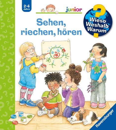 Titel: Sehen, riechen, hören. Kinder spielen und erforschen Sinne. Illustration mit bunten Farben und fröhlichem Szenario.