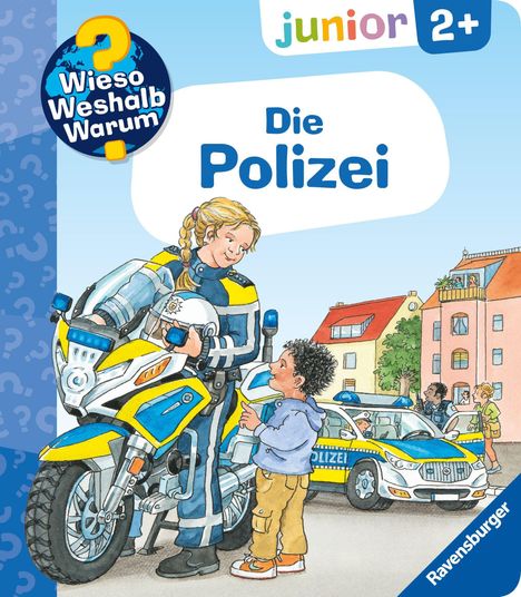 "Die Polizei" steht groß im Zentrum. Eine Polizistin mit Motorrad spricht mit einem Kind, im Hintergrund Polizeiauto.