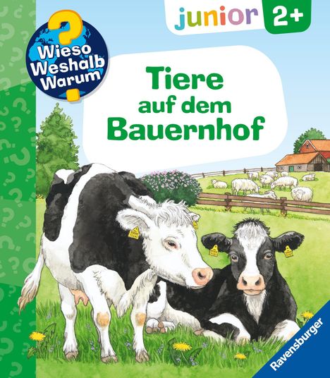 "Tiere auf dem Bauernhof" steht in Grün. Zwei Kühe auf einer Wiese; im Hintergrund Schafe, ein Zaun und eine Scheune.