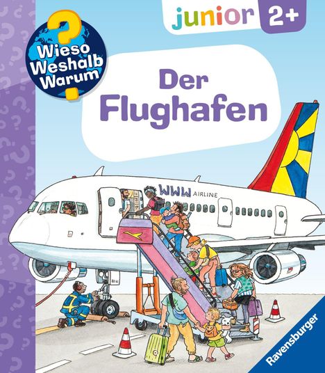 „Der Flughafen“ und „junior 2+“. Illustration eines Flugzeugs mit Menschen, die einsteigen.