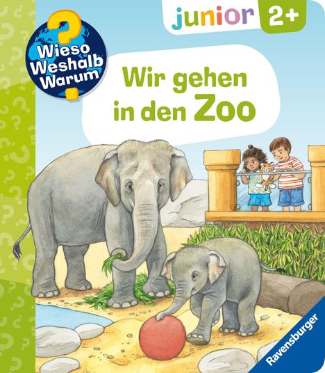 „Wir gehen in den Zoo“. Illustration mit zwei Elefanten, einem roten Ball, zwei Kindern auf einem Steg und bunter Schrift.