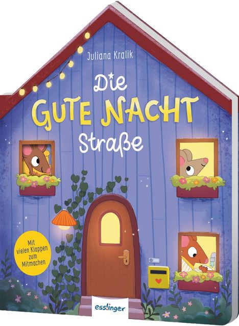 „Die Gute Nacht Straße“, zwei Mäuse schauen aus einem Haus mit Herzblumentöpfen und Lichterkette, Illustration.