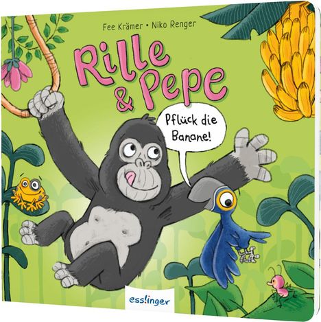 Text: "Rille & Pepe", "Pflück die Banane!". Illustration: Ein fröhlicher Gorilla und ein blauer Vogel im Dschungel.