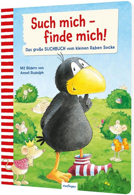 "Such mich - finde mich!" Ein Suchbuch mit Rabe Socke von Annet Rudolph. Ein schwarzer Rabe in einer bunten Wiese.