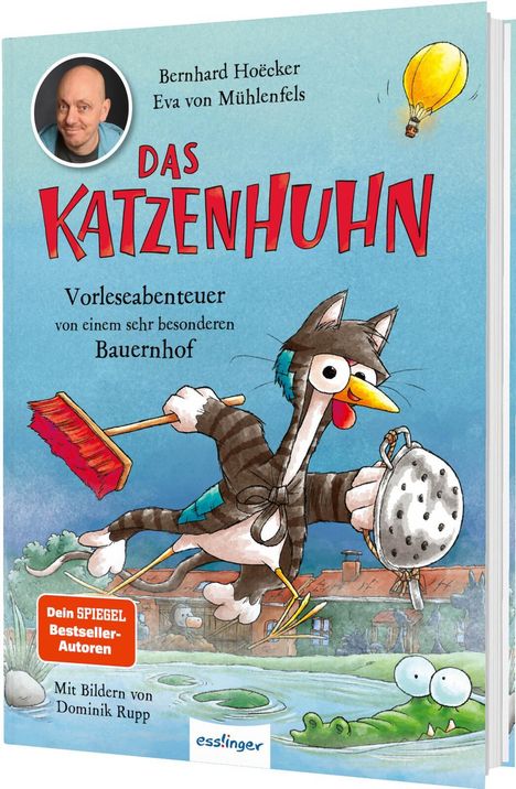 Text: "Bernhard Hoëcker, Eva von Mühlenfels, DAS KATZENHUHN, Vorleseabenteuer von einem sehr besonderen Bauernhof."

Illustration: Ein Huhn im Katzenkostüm fliegt mit einem Besen über einen Hof.