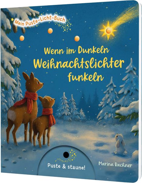 Titel: "Wenn im Dunkeln Weihnachtslichter funkeln". Illustration mit zwei Rehen und einem Hasen im verschneiten Wald, Sternschnuppe.